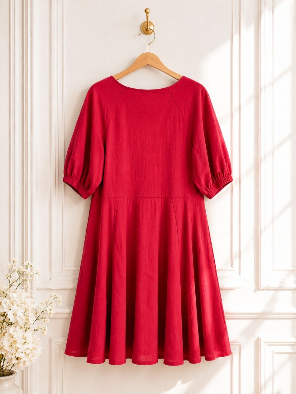 Universal Thread Cotton Blend Fit & Flare Dress | XL | Puff Sleeve V-Neck - Picture 6 of 8